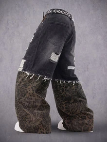 Manfinity Denimwave 男士拼色做舊設計休閒日常直筒牛仔褲 - 黑色 - 查看 2