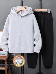 SHEIN 2件組兒童青少年男孩休閒韓系寬鬆灰色連帽衛衣與黑色運動長褲套裝，基礎上衣，適合秋冬，秋季穿搭，冬季穿搭，學校，家庭聚會，運動 - 彩色 - 查看 4