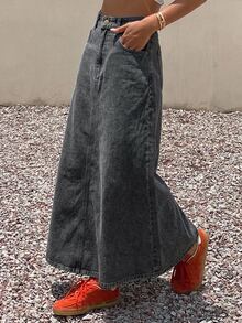 Livesso Women's Cotton High Waist Deep Blue Washed Solid Color A-Line Flared Fitted Denim Skirt Fall - Dark Grey - View 3