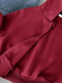 SHEIN 青少年女孩寬鬆休閒極簡舒適日常街頭風連帽修身口袋拉鍊短款長袖運動外套 白色返校穿搭 - 酒紅色 - 查看 6
