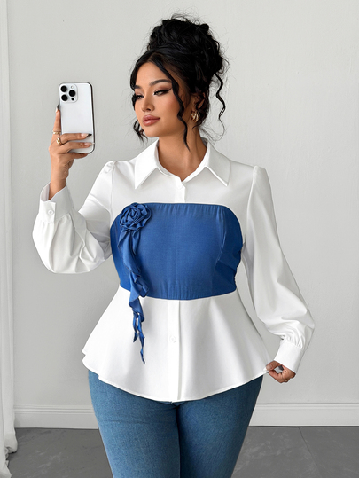 Elenzga Plus Size Elegant Spring/Autumn Casual Daily Wear Long Sleeve Blouse With 3D Floral Decor, Waist-Flattering Slimming Regular Fit Shirt For Women