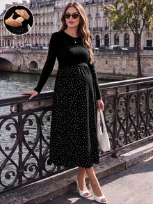 SHEIN Maternity Patchwork Polka Dot Pattern Round Neck Long Sleeve Nursing Dress - Black - View 10