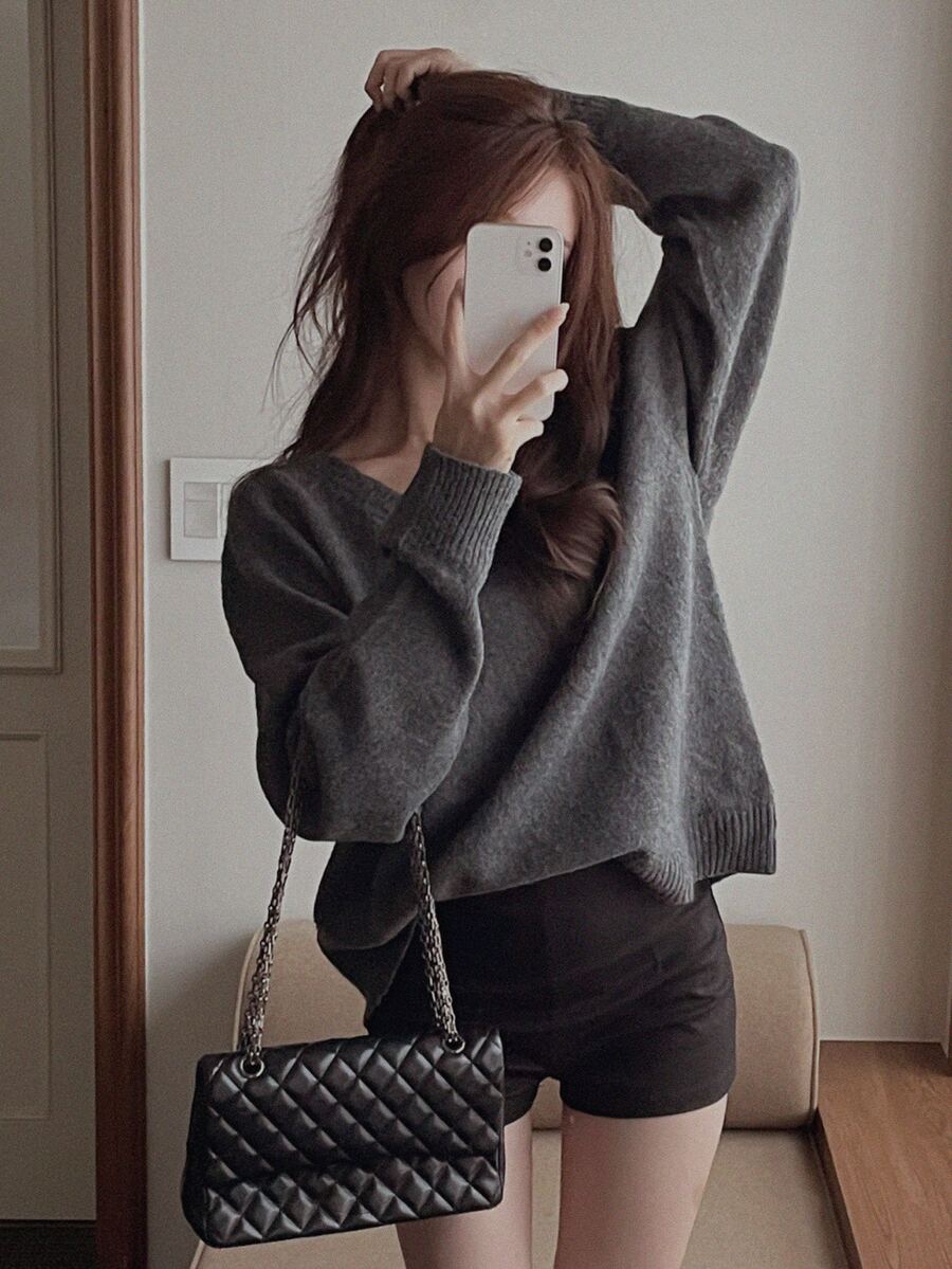 DAZY Women's Solid Color Loose V-Neck Long Sleeve Casual Vacation Autumn/Winter Knit Sweater - Grey - View 1