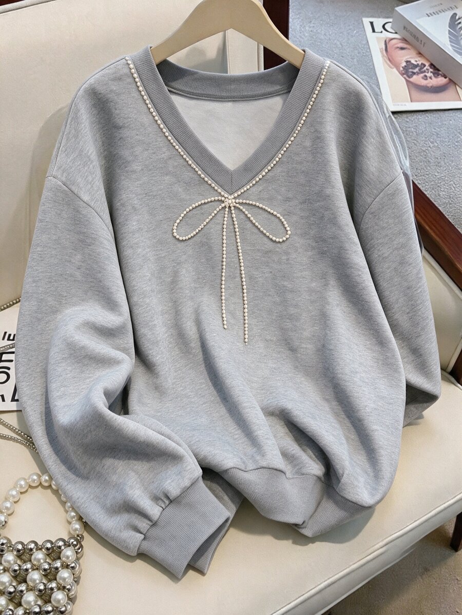 GlowEve CURVE Pearl Bow V-Neck Grey Loose Sweatshirt Women Lazy Soft Pullover Plus Size - Grey - View 1
