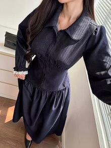 Livesso 女款長袖單排扣襯衫與裙子休閒牛仔套裝 秋季 - 藍色 - 查看 6