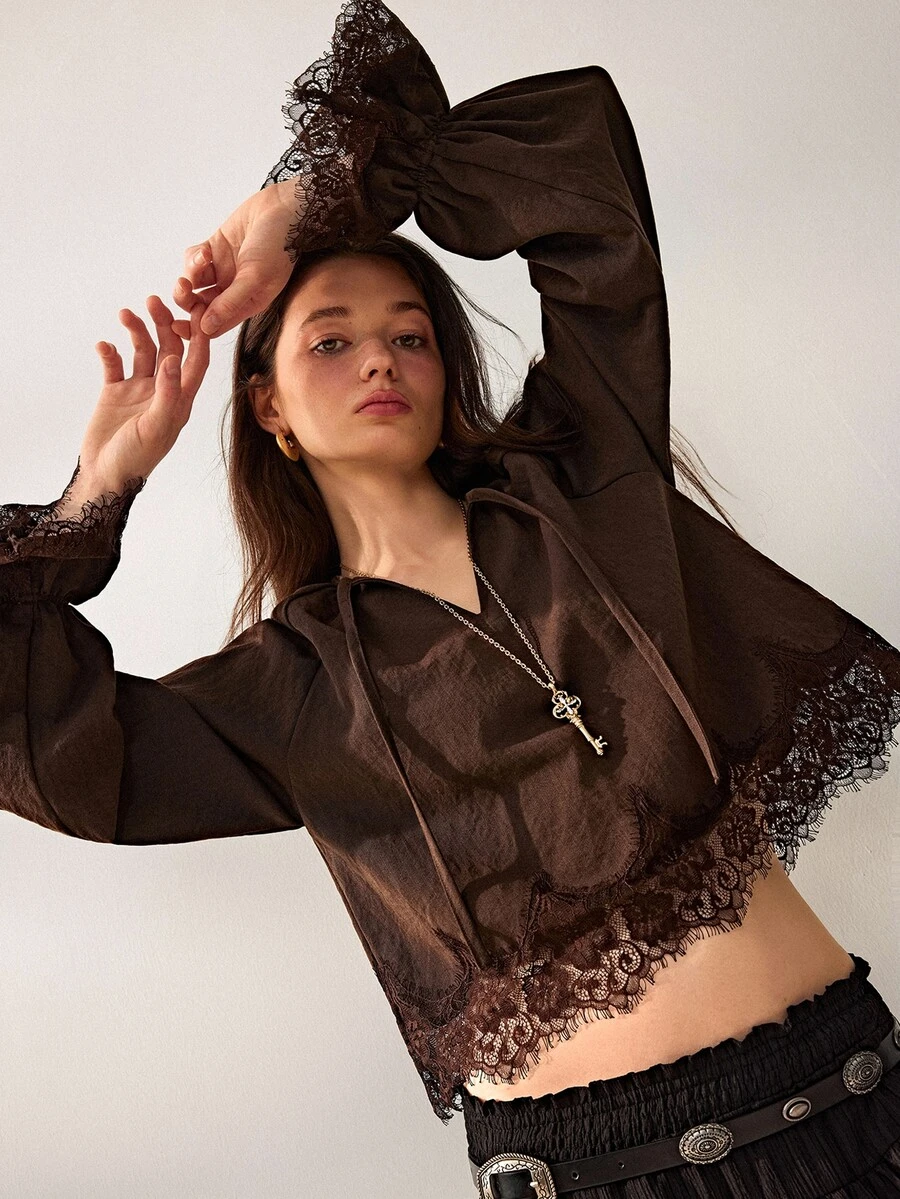 Willow Rêve Women's Brown Fitted Short Chiffon Blouse, Lace Trim With Tie V-Neck Raglan Sleeves, Solid Color Vintage Romantic Bohemian Style, Suitable For Autumn Vacation And Party Outfits - Brown - View 1