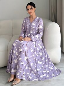 Yasmyna Gaun Arab Wanita Motif Bunga dengan Renda Kontras dan Leher V, Lengan Panjang - MultiWarna - View 6