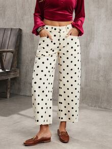 SHEIN PETITE CURVE Celana Jeans Wanita Ukuran Besar dengan Desain Saku dan Motif Polkadot, Model Tapered (Meruncing) - Aprikot - View 10