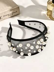 DAZY Fashionable Elegant Beaded Decor Wide Headband - Black and White - View 5