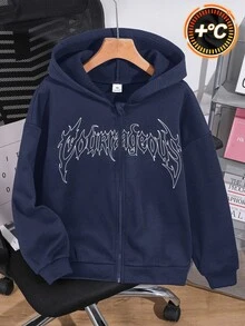 SHEIN 兒童青少年男童街頭風哥德字母印花黑色拉鍊連帽衛衣 秋季款 - 藏蓝色 - 查看 3