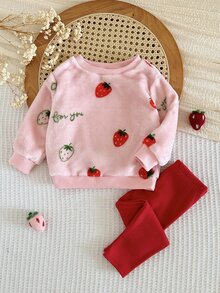 SHEIN 女嬰針織純色草莓圖案人造毛領圓領衛衣與長褲2件套 - 紅白色 - 查看 1