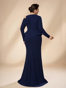 Serin Plus Size Elegant Minimalist Navy Blue Asymmetric Shoulder Design Handmade Rhinestone Decor 2 In 1 Mermaid Long Dress Suitable For Ball, Holiday Party, Formal Evening Event, Wedding, Mother Of The Bride Dress - Navy Blue - View 2