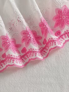 SHEIN Playful Pals 1件新生女嬰白色圓領鈕扣收腰長袖洋裝，深藍色花卉刺繡，荷葉邊裙襬，蝴蝶結裝飾，可愛休閒甜美韓風優雅洋裝，適合春秋日常穿著、外出、旅行、度假、派對等場合 - 粉色 - 查看 10