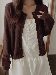 DAZY Kardigan Rajut Wanita Lengan Panjang Longgar Warna Polos dengan Renda, Gaya Kasual Prancis untuk Liburan Musim Semi dan Gugur, Tipis, Cokelat Tua - Coklat - View 1