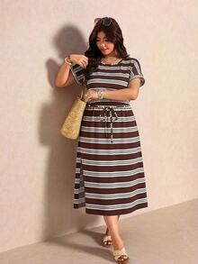 Elaquor Casual Pattern Plus Size Round Neck Short Sleeve Dress, Suitable For Spring And Summer - Multicolor - View 6