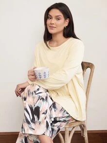 Doze Lane Minimalist Solid Color Long Sleeve Top + Abstract Art Print Pants Plus Size Loungewear Set - Multicolor - View 5