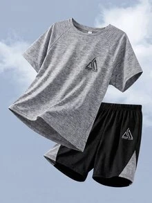SHEIN Tween Boy Patchwork Geometric Pattern T-Shirt And Shorts 2 Pieces Sports Outfit - Blue - View 8