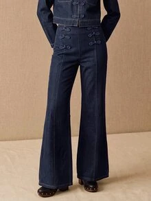CielaLinda Women's Frog Button Denim Flared Pants, Vintage Inspired Jeans - Blue - View 3