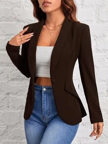 SHEIN PETITE 秋冬通勤穿搭，綠色水果領單扣黑色西裝外套 - 棕色 - 查看 6