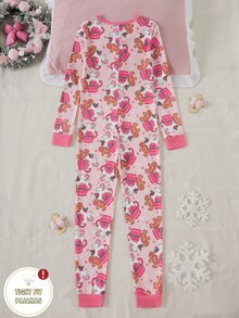 Tween Girls' Slim Fit Long Sleeve Long Pants Jumpsuit With Bow Print And Zipper, Loungewear - Multicolor - View 2