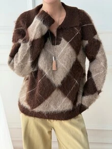 DAZY Sweater Kasual Pullover Kotak-kotak Wanita - Coklat - View 5