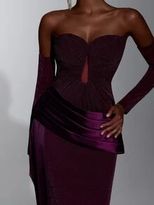 Elitara Women's Elegant Romantic Satin Patchwork Pleated Dress For Birthday Party, Wedding - Dark Purple - View 5