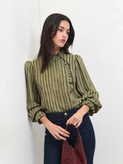 Nöista Autumn Casual Commute Striped Lantern Sleeve Shirt