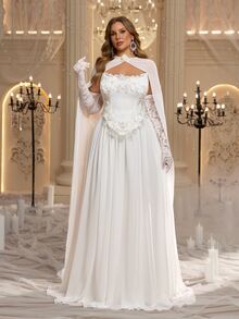 Elitara Plus Size Elegant Romantic Glamorous Sequin 3D Floral Applique Strapless Corset Cape Lace Long Sleeve 2 In 1 Ruched A-Line Wedding Gown For Events - White - View 5