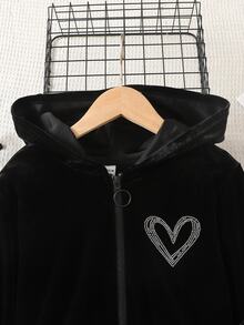 SHEIN 青少年女孩運動休閒街頭時尚天鵝絨愛心水鑽拉鍊連帽衛衣與直筒長褲2件套，黑色天鵝絨套裝，適合聖誕節、新年 - 黑色 - 查看 6
