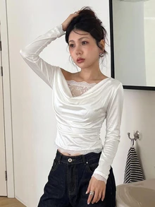DAZY Solid Color Fitted Scoop Neck Long Sleeve Lace Trim Elegant Vacation Spring/Autumn Top Women T-Shirt - White - View 8