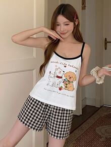 DAZY Happy Puppy Pattern Sleeveless Camisole Tank Top & Plaid Short Pajama Pants 2-Piece Set Summer Women's Sleepwear Outfit - Black - View 7