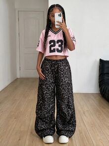 SHEIN 少女夏季街頭風學院風賽事日復古嬉皮豹紋拼接黑色寬鬆降落傘長褲 - 彩色 - 查看 2