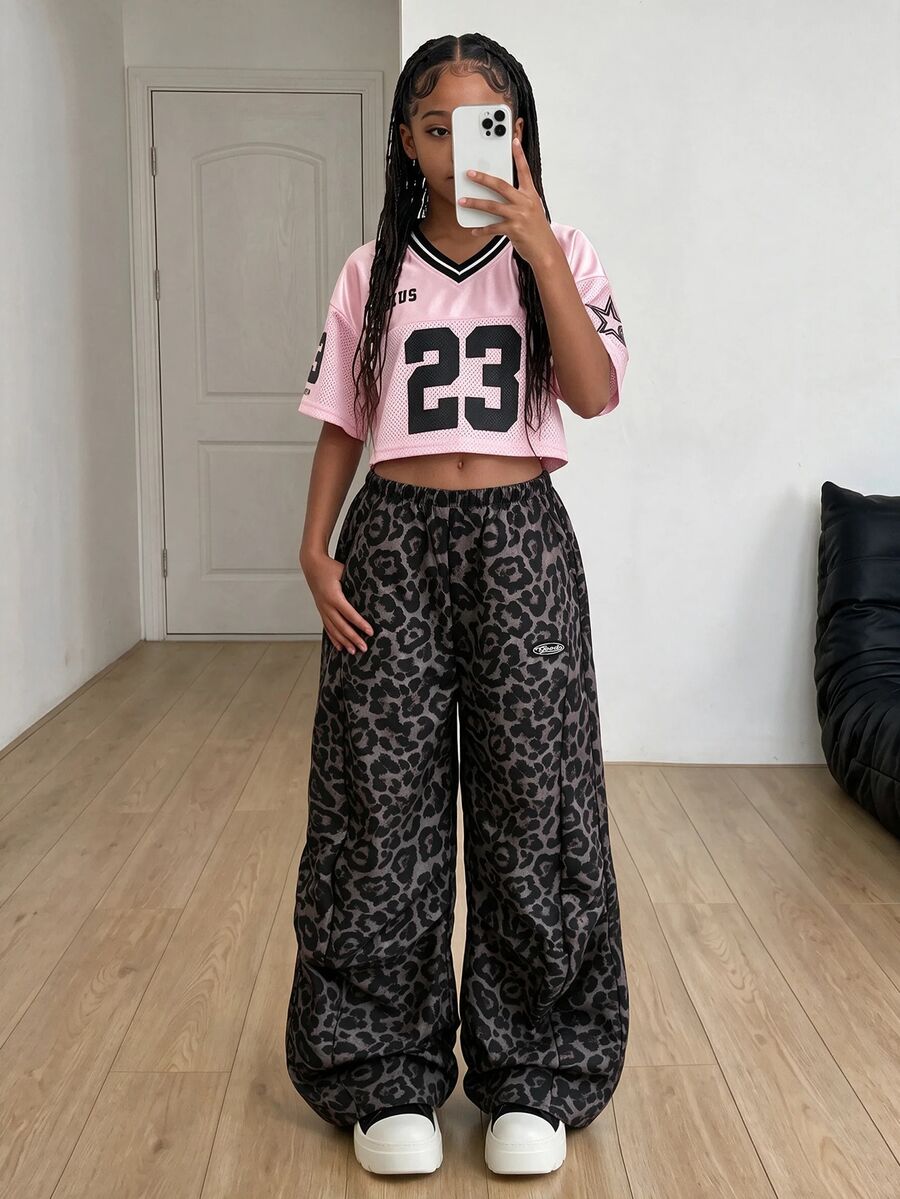 SHEIN Tween Girls' Summer Street Style Preppy Game Day Retro Hippie Leopard Print Patchwork Black Loose Parachute Pants - Multicolor - View 1