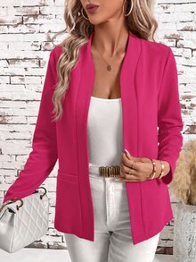 SHEIN Clasi 女款無領百搭純色優雅極簡百搭舒適紅色標準版夾克 - 玫紅色 - 查看 5