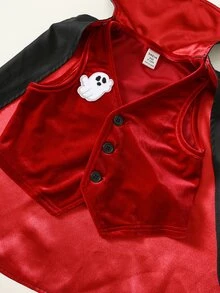 SHEIN 中性嬰兒男/女童 幼兒 3件組可愛吸血鬼套裝 秋冬多件式洋裝套裝 嬰兒服裝 德古拉伯爵服飾 萬聖節 - 酒紅色 - 查看 5