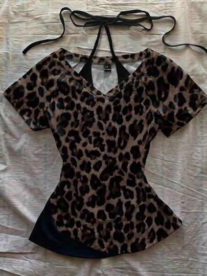 Attitoon Women's Casual Retro Fitted 2 In 1 T-Shirt, Leopard Print T-Shirt