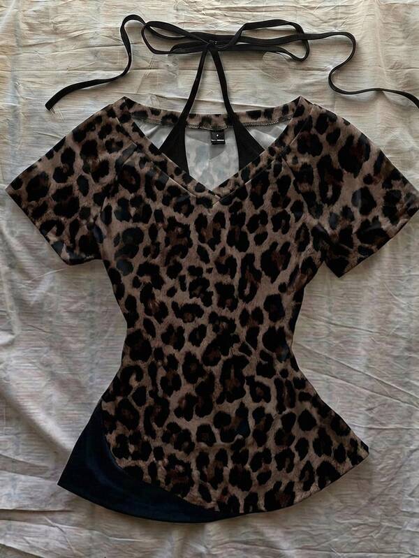 Attitoon Women's Casual Retro Fitted 2 In 1 T-Shirt, Leopard Print T-Shirt