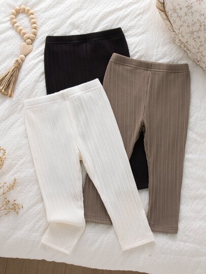 Conjunto de Leggings Elásticas para Meninas Bebês, Várias Peças, Usáveis por Dentro ou por Fora, Leggings de Malha Escovada Canelada Versátil de Cor Sólida Simples & Estilosa