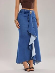 Rivivi Women's Patchwork Ruffle Fashion Mermaid Denim Skirt - Blue - View 4
