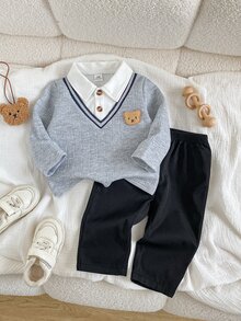 SHEIN Playful Pals 男嬰休閒紳士風 2 合 1 貼布繡 Polo 衫與長褲套裝 返校季 - 灰色 - 查看 1