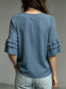 Glimmora Double Layer Ruffle Mid-Sleeve Pleated Loose Vintage Casual Shirt - Royal Blue - View 2