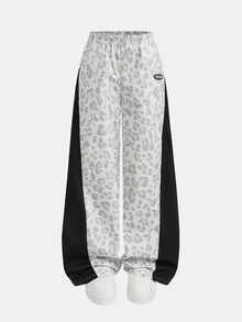 SHEIN 青少年女孩編織豹紋拼接黑色對比色英文字母休閒運動長褲 - 黑與白 - 查看 7