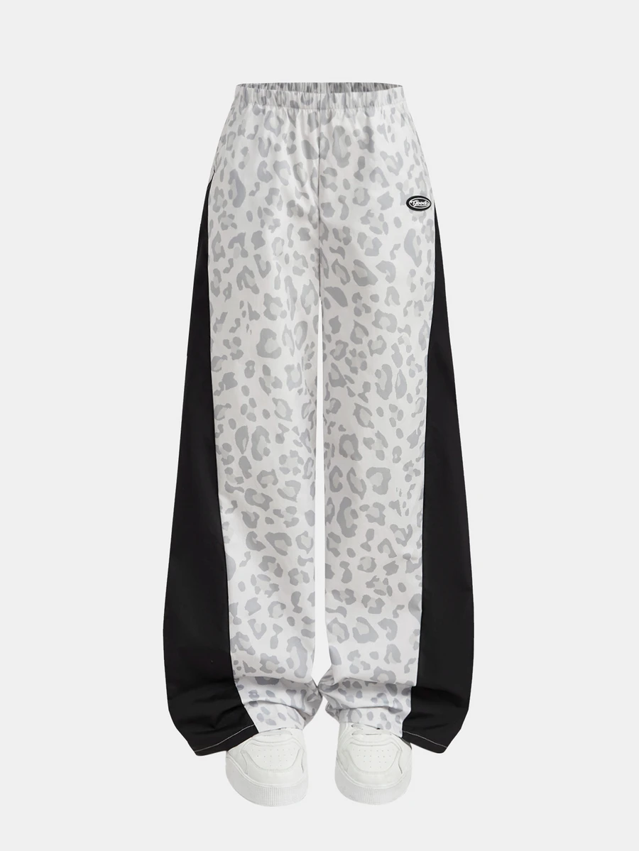 SHEIN Teen Girl Woven Leopard Print Patchwork Black Contrast Color English Letter Casual Sweatpants - Black and White - View 1