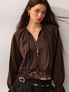 Willow Rêve Women's Brown Fitted Short Chiffon Blouse, Lace Trim With Tie V-Neck Raglan Sleeves, Solid Color Vintage Romantic Bohemian Style, Suitable For Autumn Vacation And Party Outfits - Brown - View 8