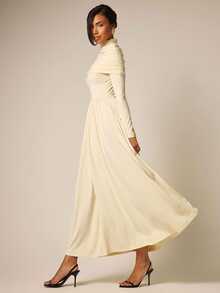COSMINA Women's Casual Elegant Cream Long Sleeve Dress - Apricot - View 1
