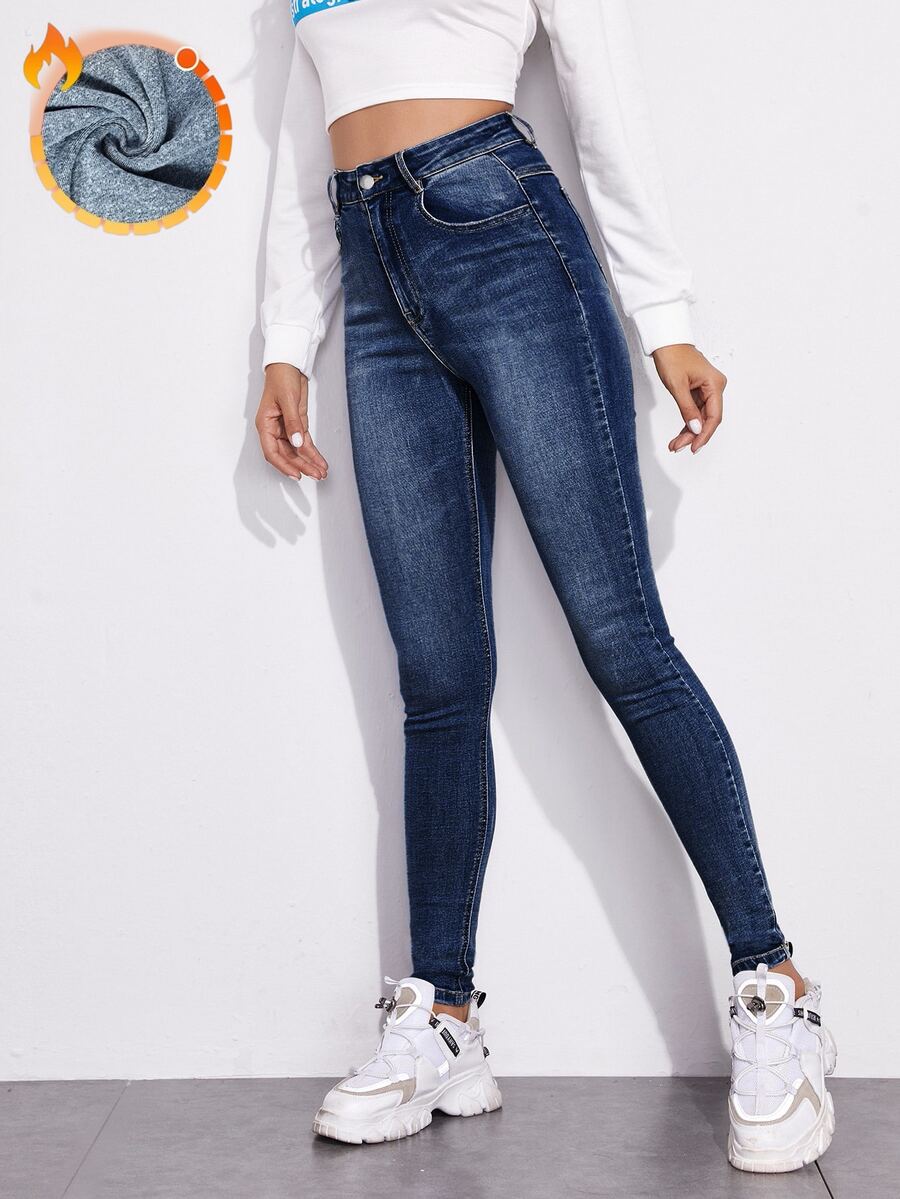 SHEIN Essnce 休閒水洗修身牛仔褲 - 深色水洗藍 - 查看 1