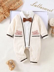 SHEIN 新生兒嬰兒卡通圖案蝴蝶結裝飾休閒日常連身長褲 - 杏色 - 查看 3
