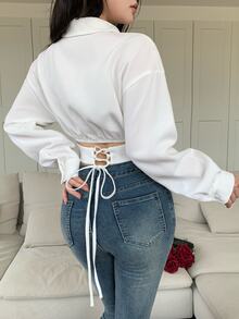 Feyla Women's Solid Color Drop Shoulder Long Sleeve Single-Breasted Waist-Cinching Blouse - White - View 2