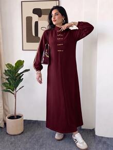 Solavon Women's Loose Long Sleeve Dress With Frog Button Design - Burgundy - View 5