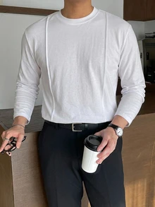 DAZY 男士休閒百搭純色長袖T恤 - 白色 - 查看 1